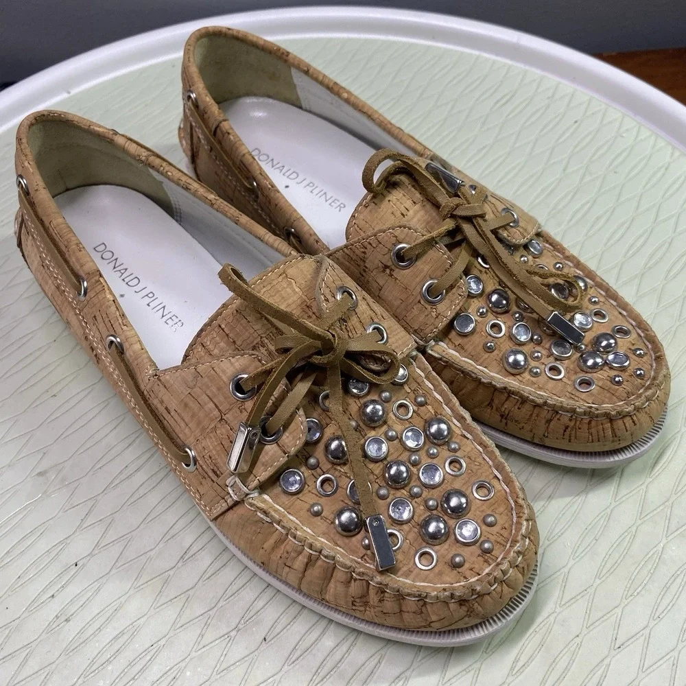 Donald J. Pliner Tan Cork Women's‎ Boat Loafer Shoes with silver Buttons Sz.5.5M